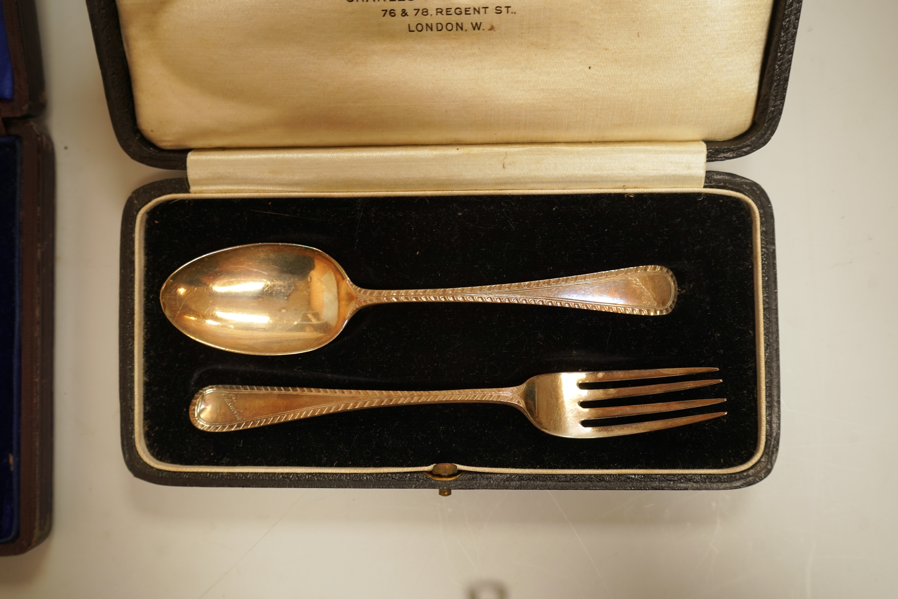 A cased set of six late Victorian silver teaspoons and matching sugar tongs, Miller Bros. Birmingham, 1900, together with three cased silver christening pairs.